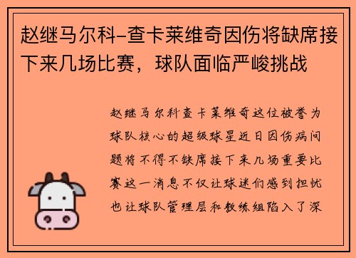 赵继马尔科-查卡莱维奇因伤将缺席接下来几场比赛，球队面临严峻挑战