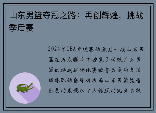 山东男篮夺冠之路：再创辉煌，挑战季后赛