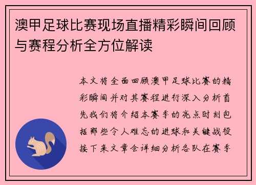 澳甲足球比赛现场直播精彩瞬间回顾与赛程分析全方位解读